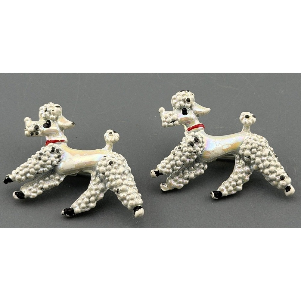 Vintage Standard Poodle Brooches Pearlized Enamel Dog Pins  Pair 1.5"